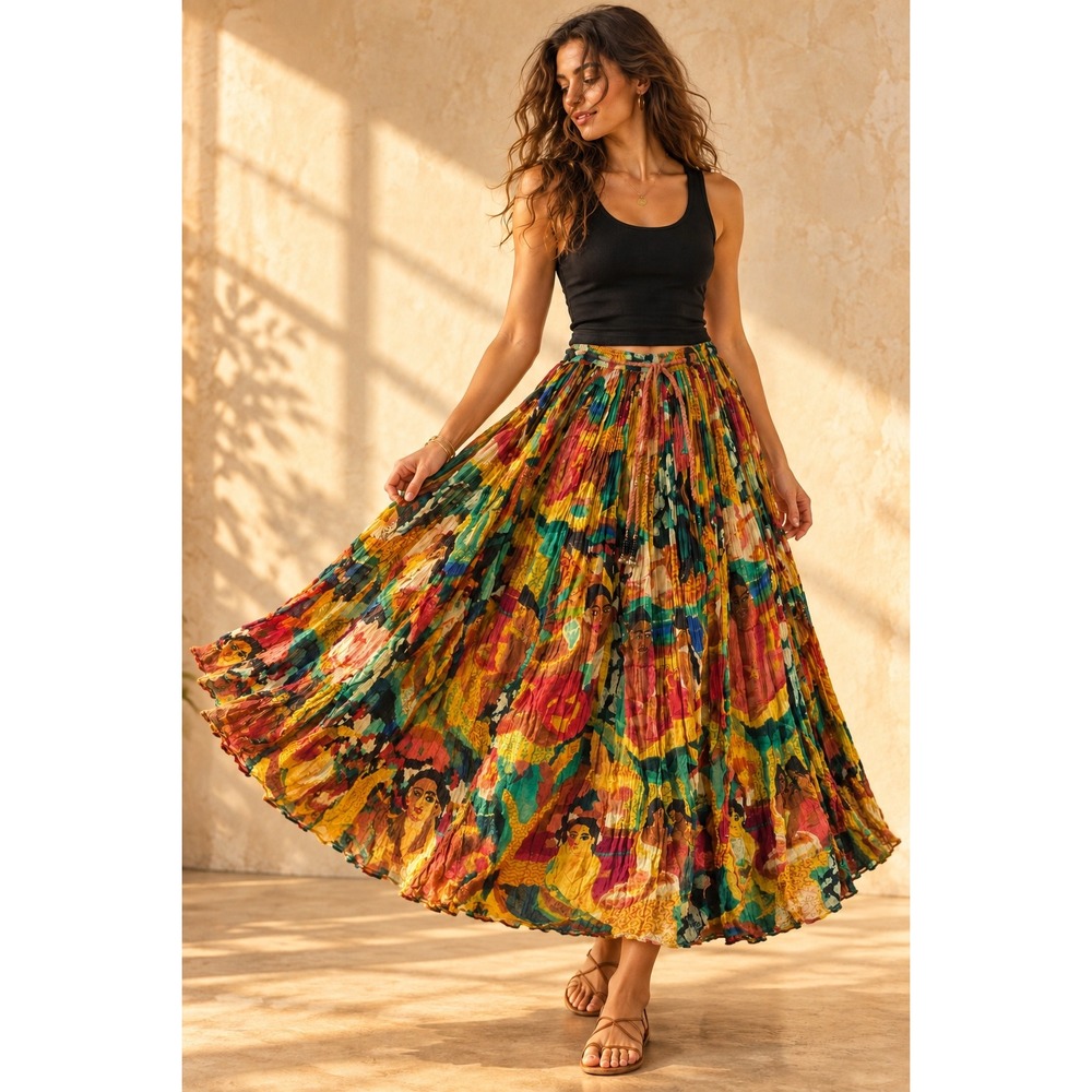 Short Circuit Vintage Cotton Crinkle Maxi Skirt Graphic Art Print Multi Color OS